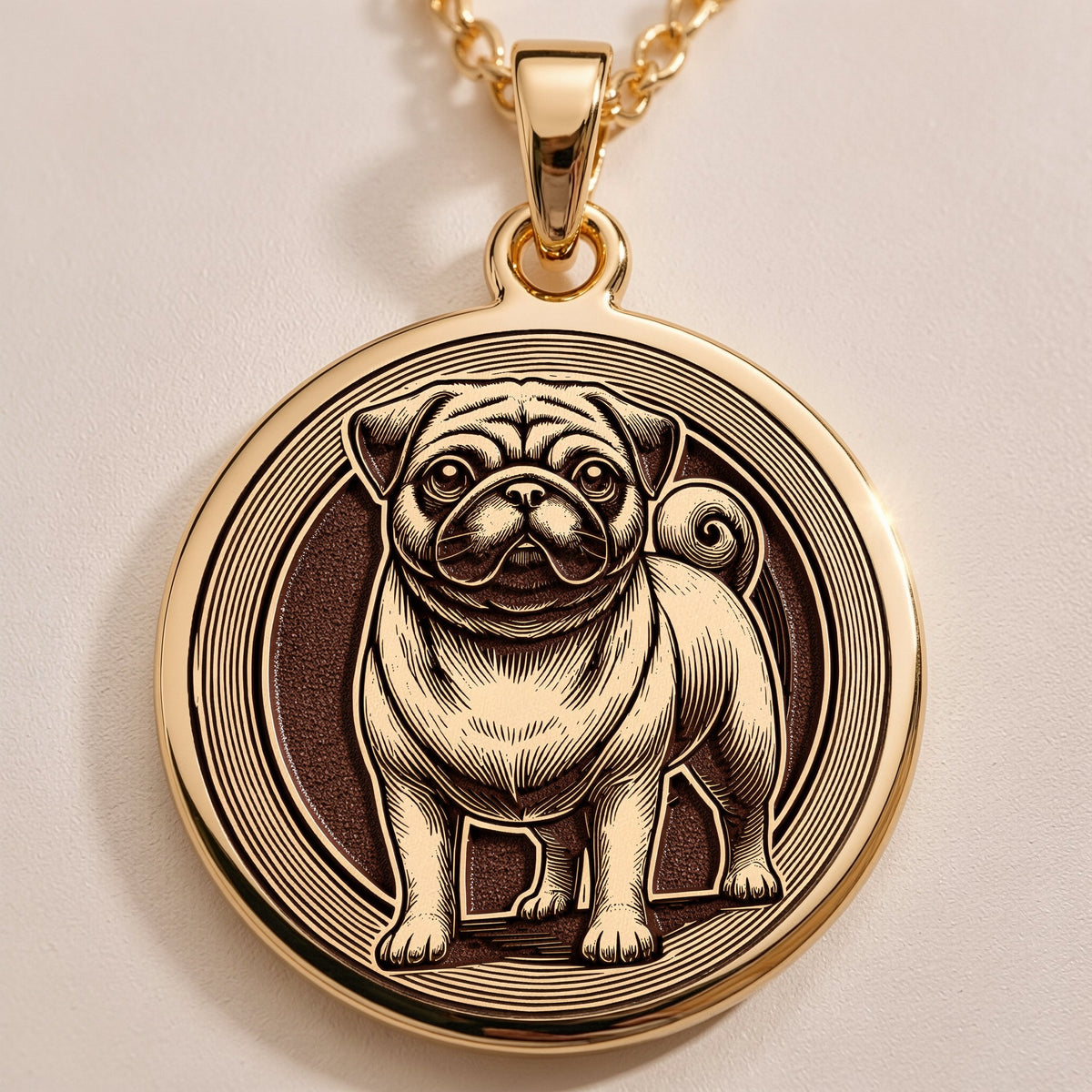 Elegant 14K Solid Gold Pug pendant, featuring a finely detailed dog medallion. A perfect pet lover’s charm, symbolizing playfulness, companionship, and love, making it a meaningful gold Pug necklace for dog enthusiasts.