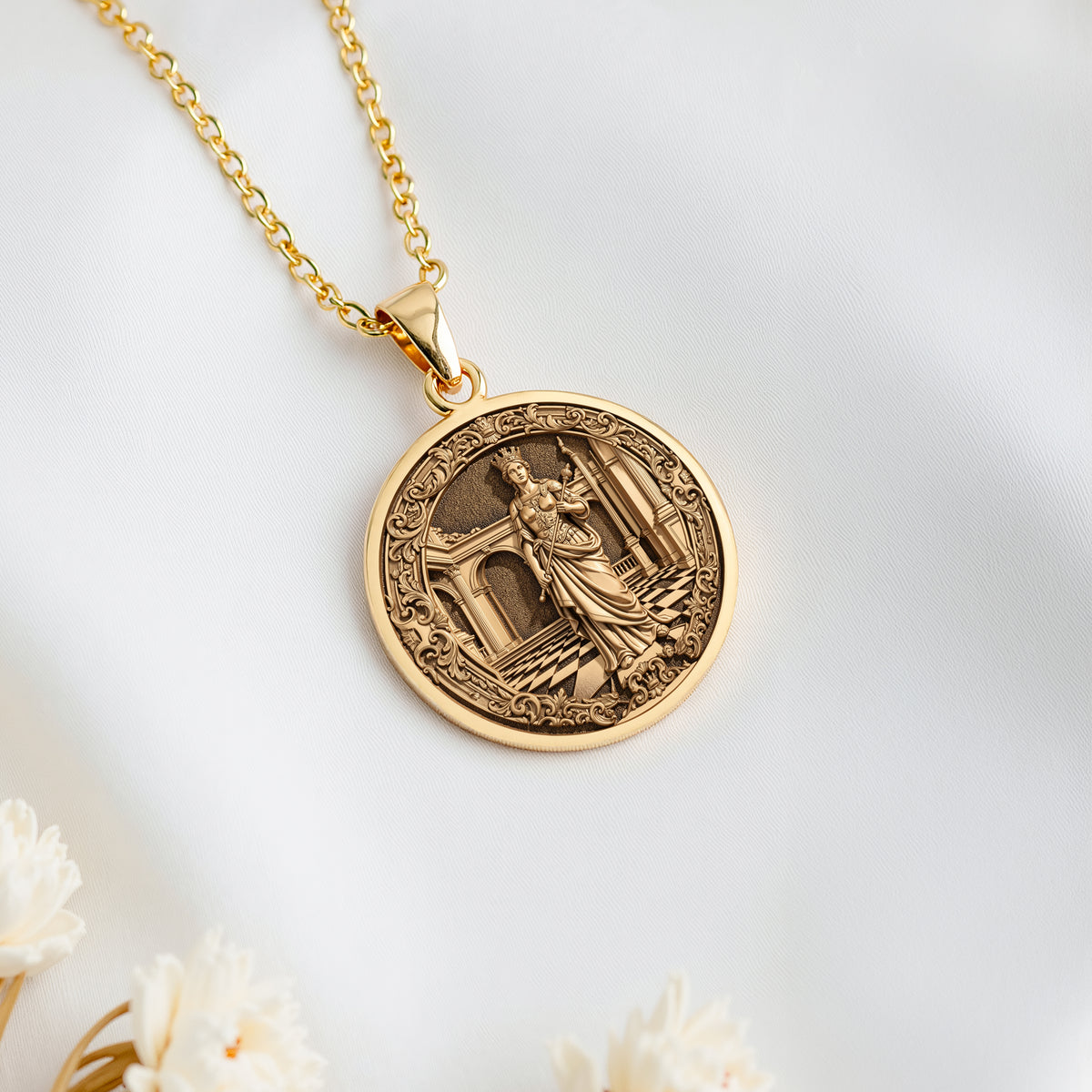 14K solid gold Queen Chess Coin Necklace, polished antique gold protection talisman jewelry. Ancient mythology coin pendant.