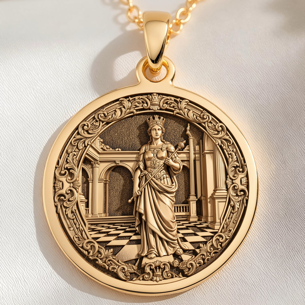 Queen Chess Coin Necklace in 14K solid gold. Antique mythology protection talisman pendant jewelry. Shiny gold coin design.
