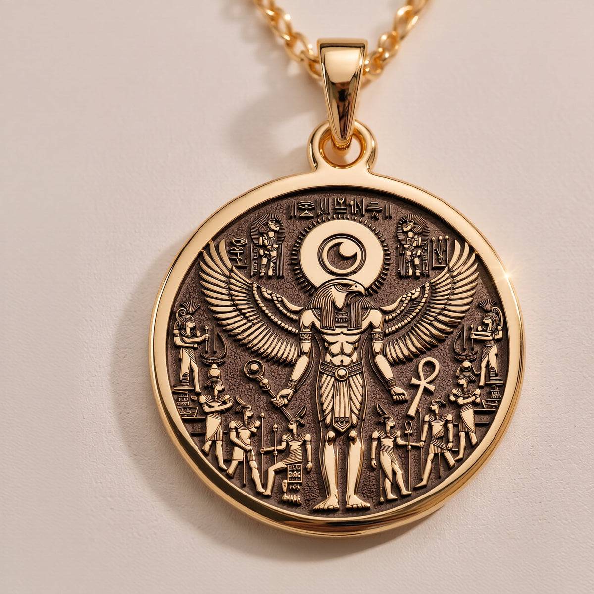 925 Sterling Silver Ra Necklace with an intricate Egyptian winged design. A mystical talisman pendant representing power and protection. Ideal for mythology enthusiasts, a meaningful and timeless piece of jewelry.