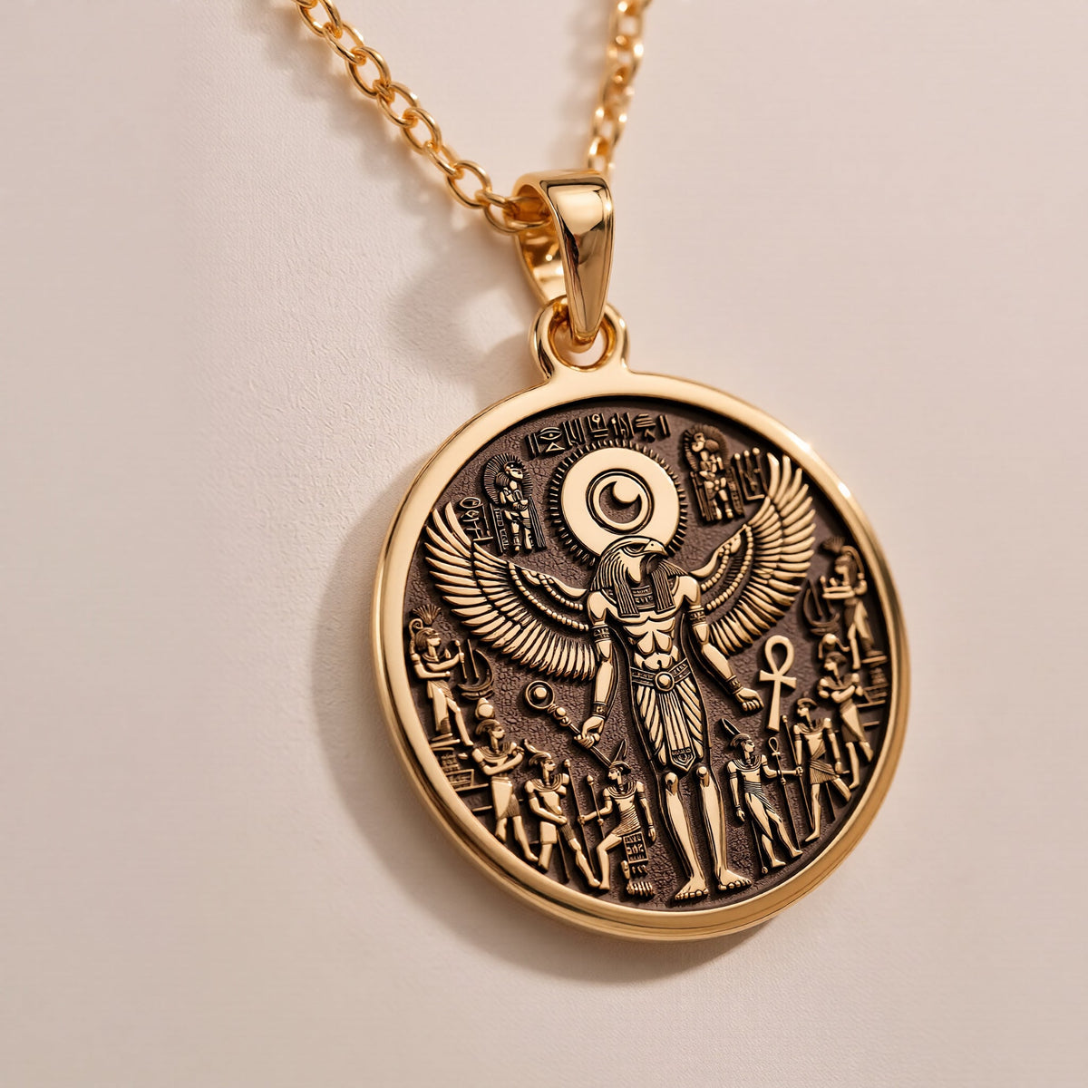 Rose Gold Plated Ra Necklace featuring an elegant Egyptian winged design. A symbolic talisman pendant for mythology and ancient culture enthusiasts. Perfect for gifting or as a unique statement accessory.
