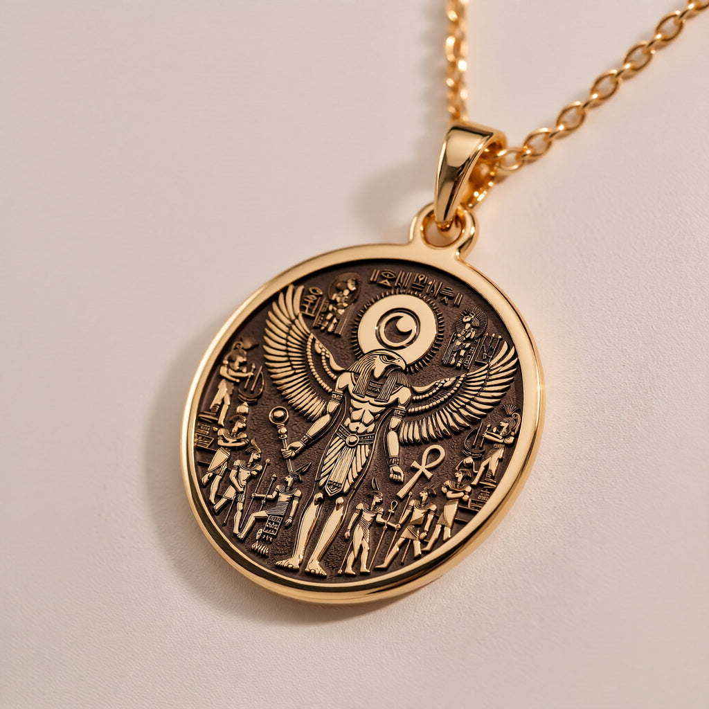 Rose Gold Plated Ra Necklace featuring an elegant Egyptian winged design. A symbolic talisman pendant for mythology and ancient culture enthusiasts. Perfect for gifting or as a unique statement accessory.