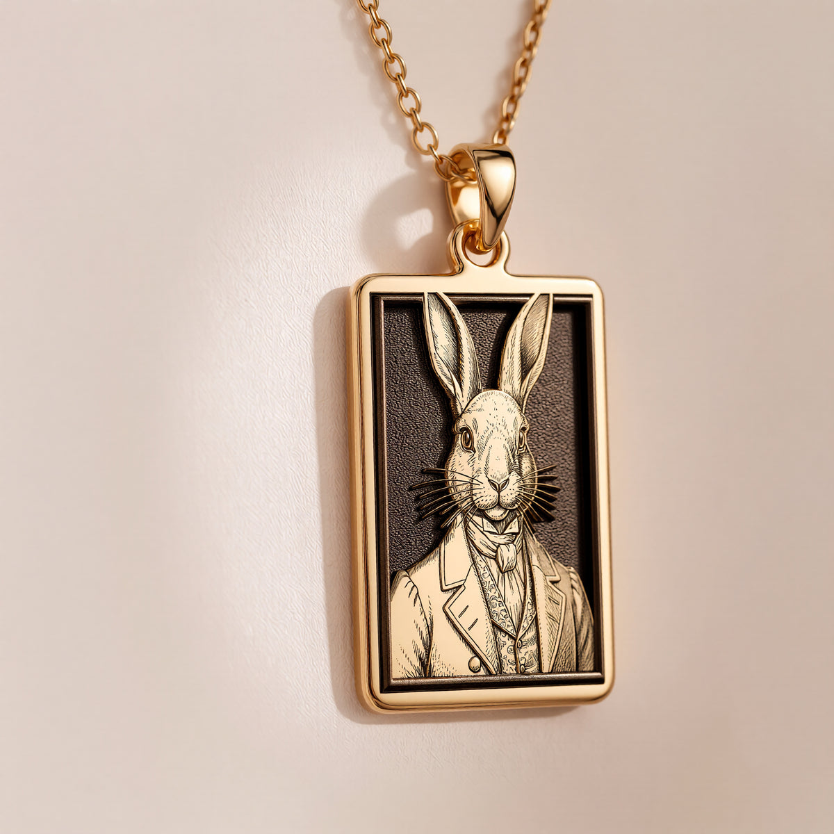 Studio front view of 14K Gold Plated Victorian Rabbit Gentleman Bunny Rectangle Pendant Necklace, featuring Dapper Hare in Tuxedo Dark Academia Gothic Animal Jewelry with crisp engraved relief details.