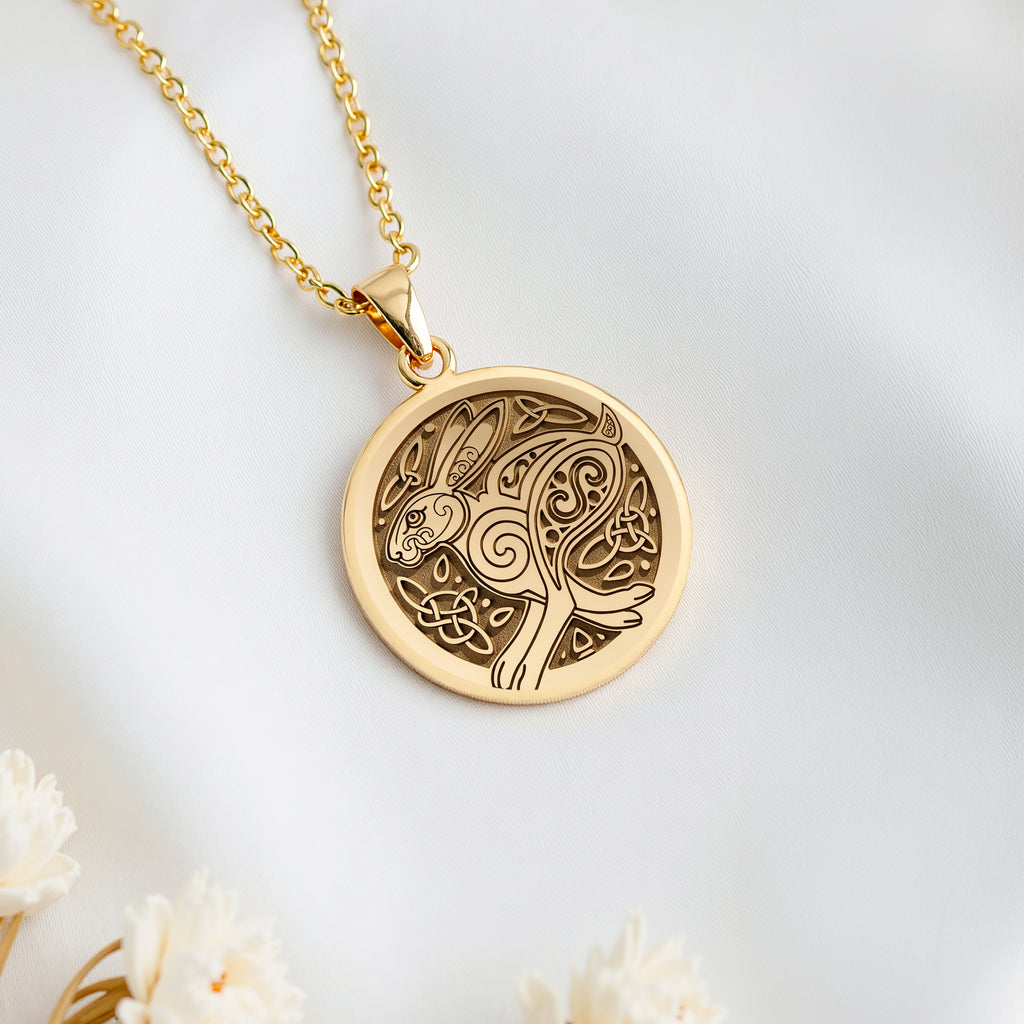 14K solid gold Bunny Rabbit Talisman Necklace: round  engraved rabbit with intricate ce...