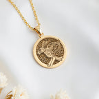 14K solid gold Bunny Rabbit Talisman Necklace: round  engraved rabbit with intricate ce...