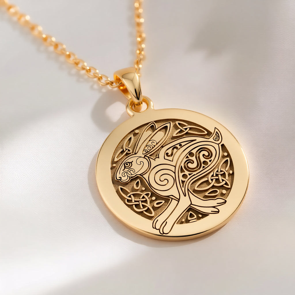 14K solid gold Bunny Rabbit Talisman Necklace: round  engraved bunny rabbit spirit anim...