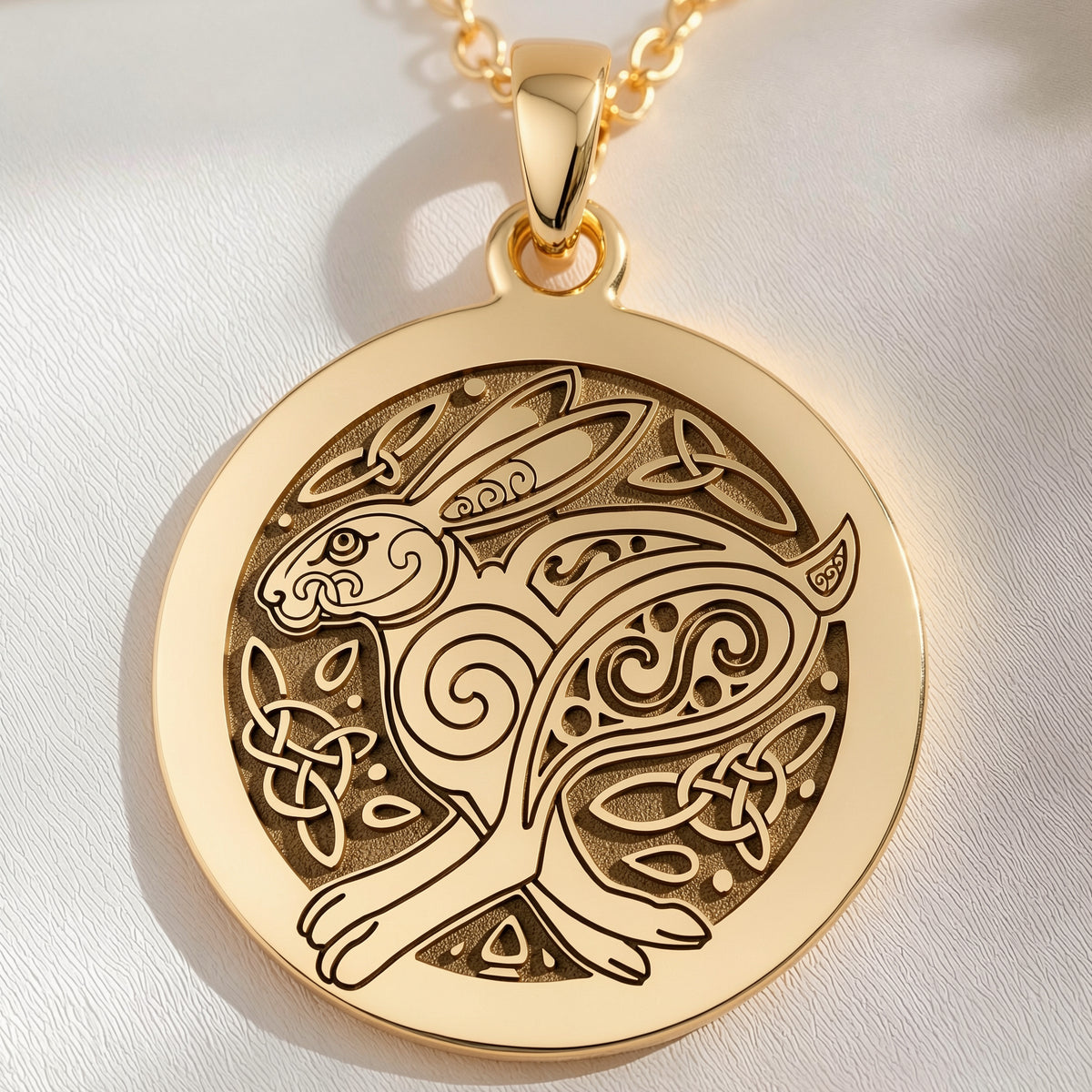 14K solid gold Bunny Rabbit Talisman Necklace: round  stylized rabbit spirit animal int...