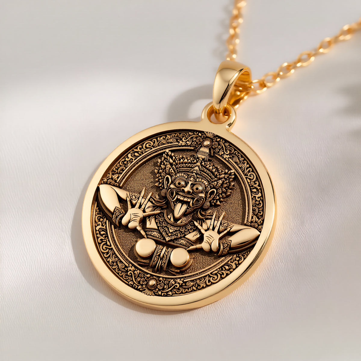 14K solid gold Rangda Demon Queen Talisman Necklace: round  of Rangda Balinese demon qu...