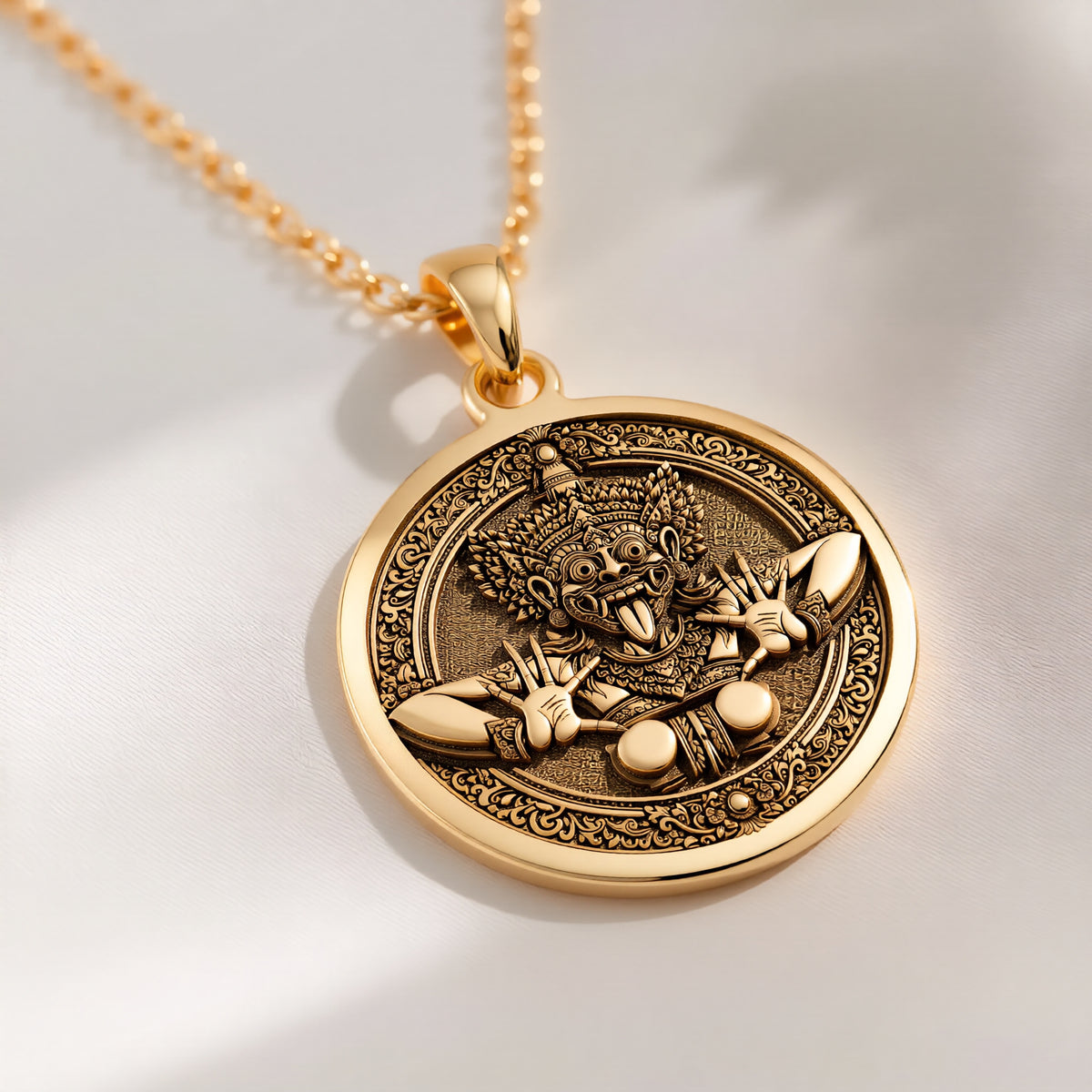 14K solid gold Rangda Demon Queen Talisman Necklace: round  of Rangda Balinese demon qu...
