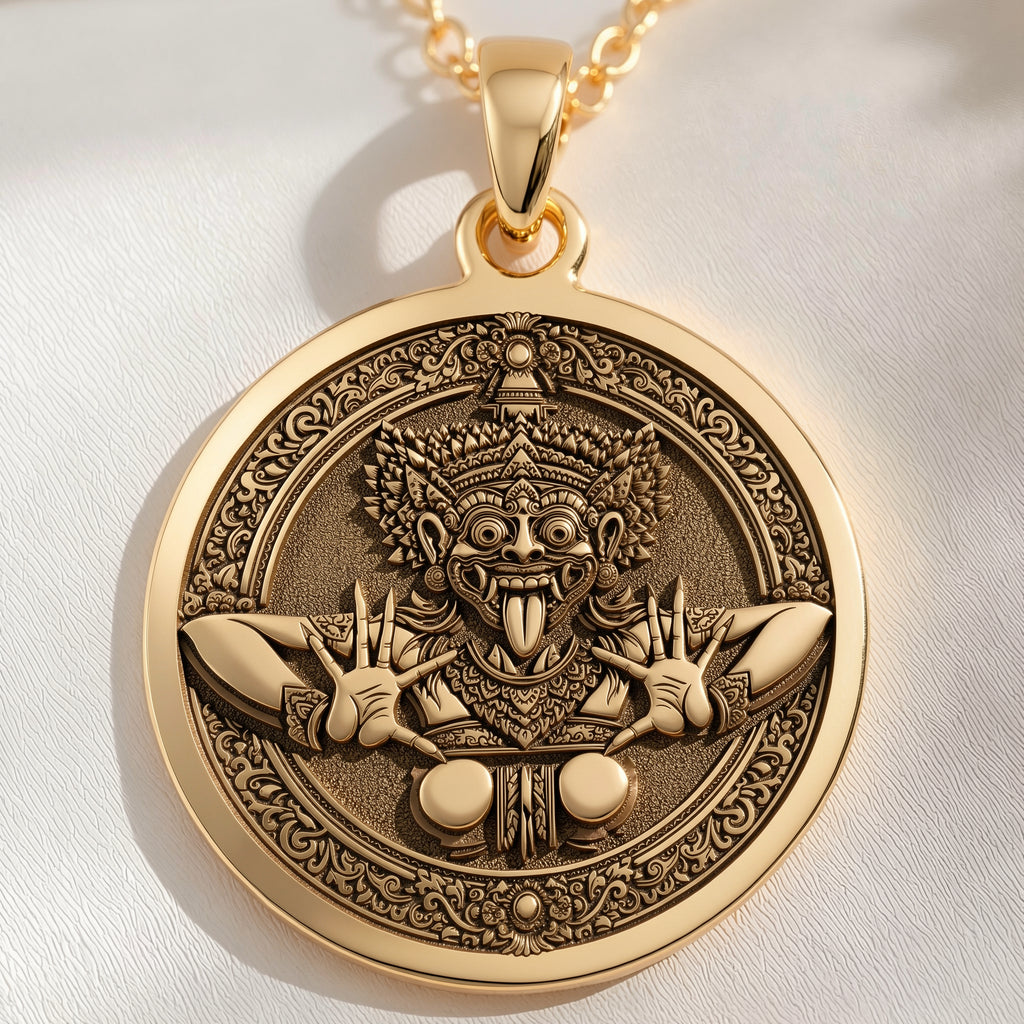 14K solid gold Rangda Demon Queen Talisman Necklace: round  of Rangda Balinese demon qu...