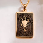 Raven Skull Pendant Necklace Necklaces Yellow gold square pendant with intricate skull and branch design necklace