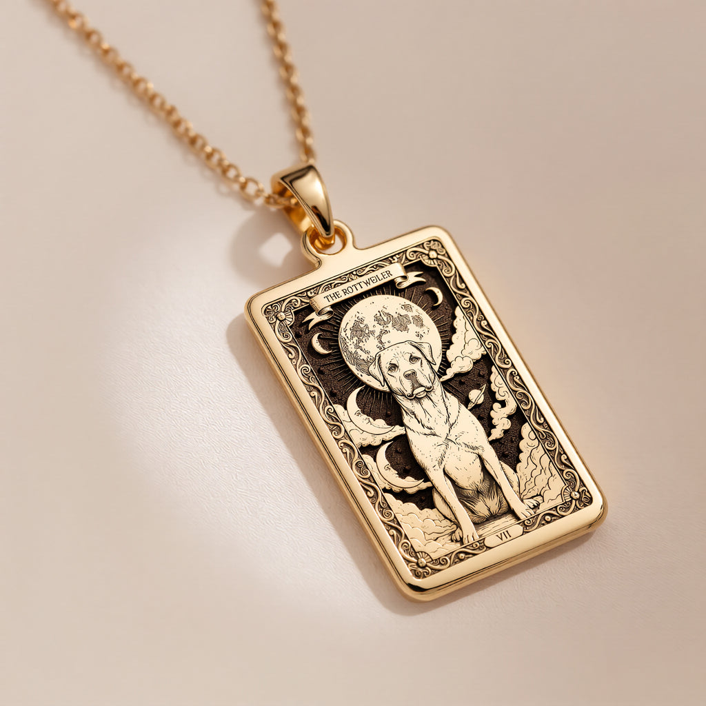 A polished 14K solid gold Rottweiler medallion. This fine pet jewelry represents the breed's noble strength, making it a perfect Rottie lover gift.