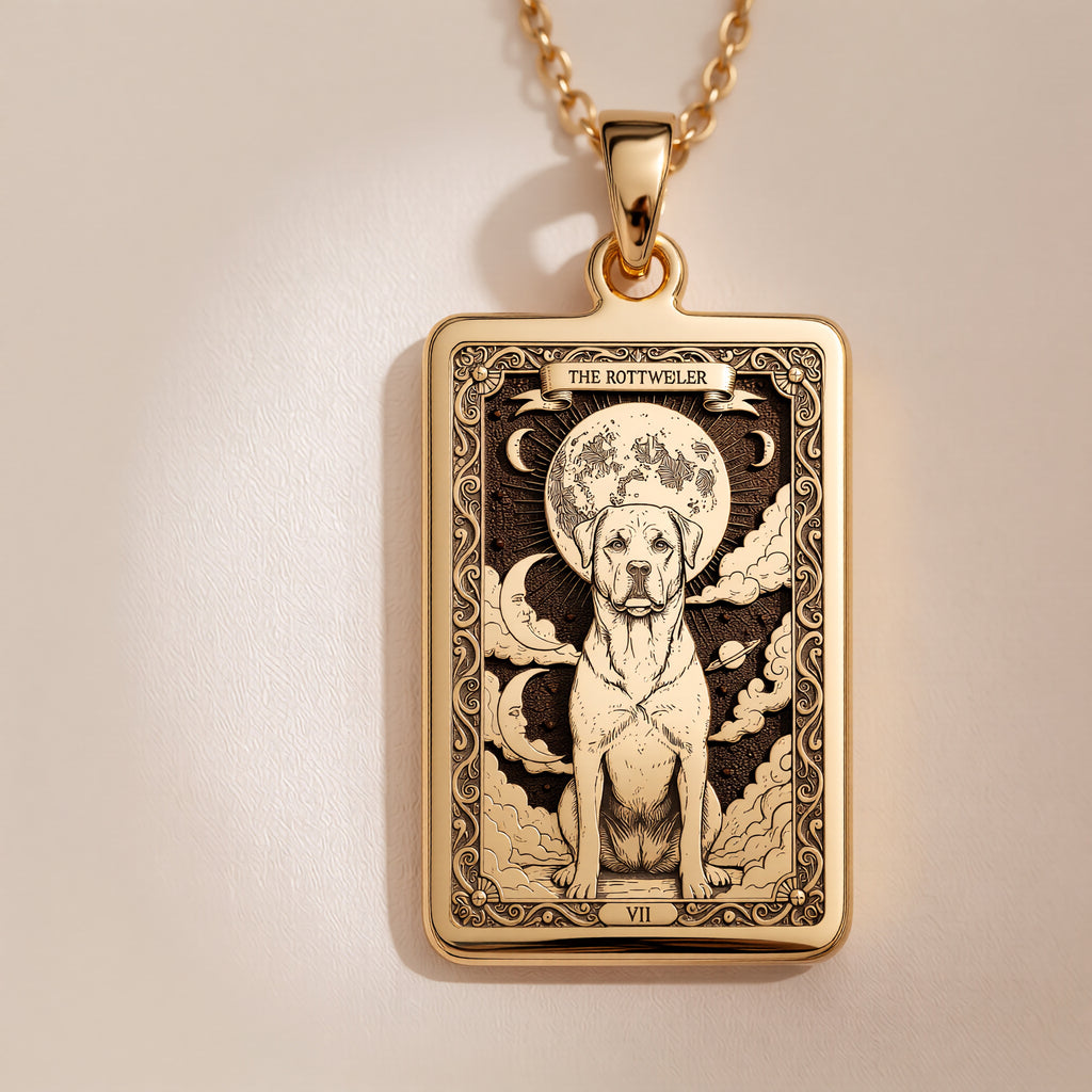 An heirloom-quality 14K solid gold Rottweiler tarot pendant. The art shows the guardian dog under the moon, symbolizing loyalty, a precious dog mom gift.