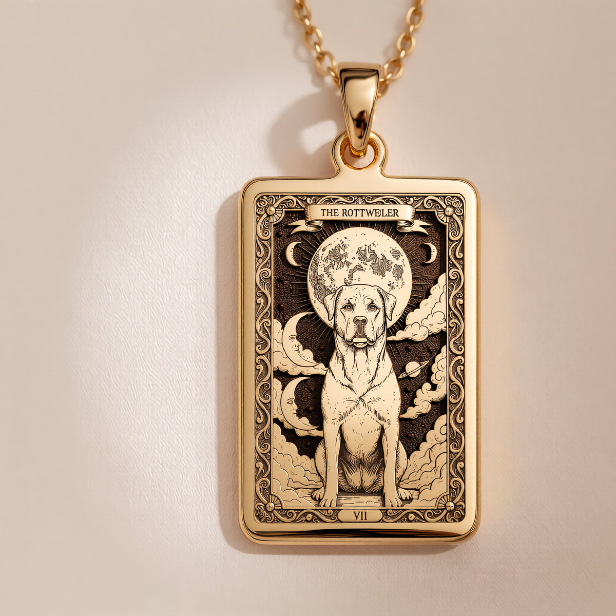 An heirloom-quality 14K solid gold Rottweiler tarot pendant. The art shows the guardian dog under the moon, symbolizing loyalty, a precious dog mom gift.