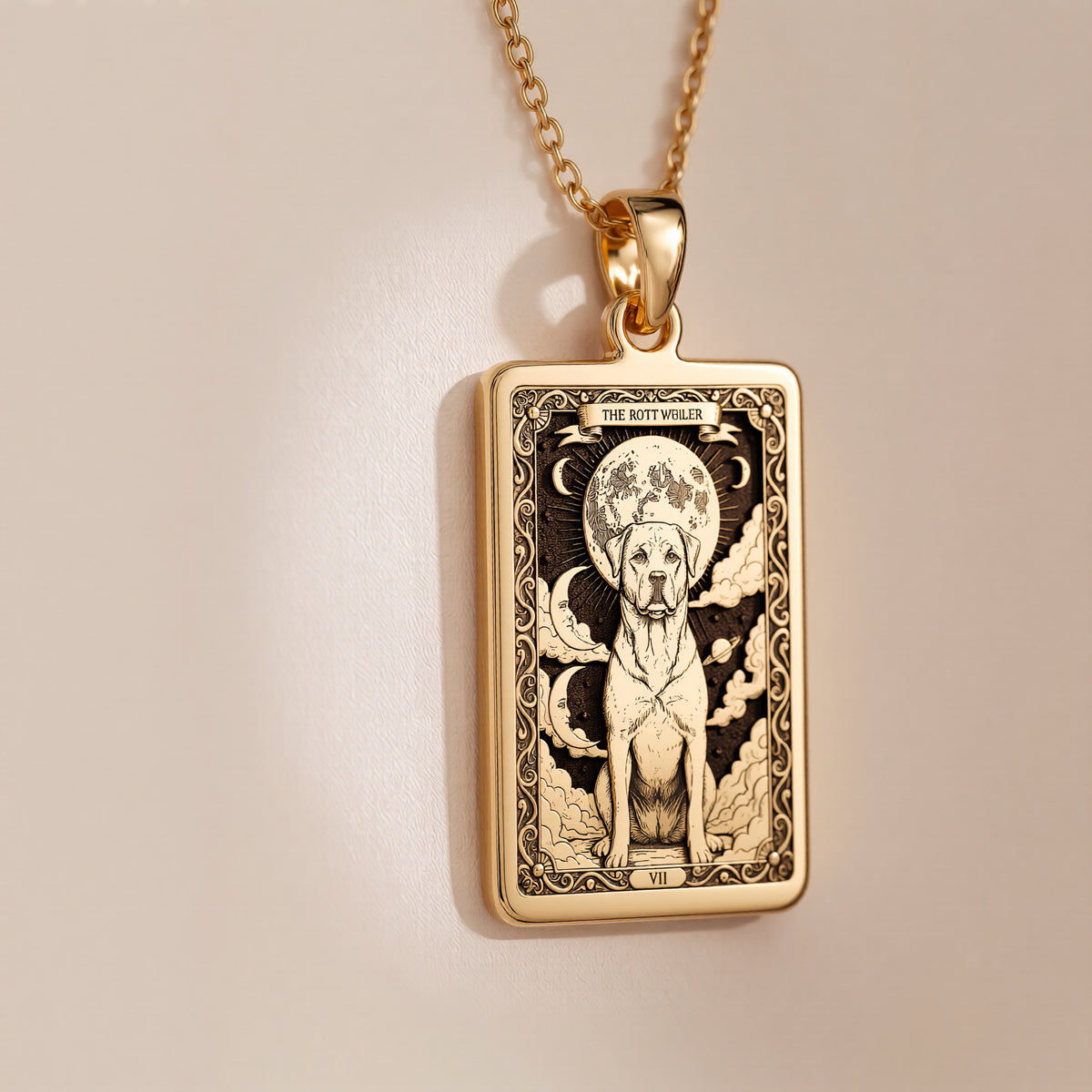 A polished 14K solid gold Rottweiler medallion. This fine pet jewelry represents the breed's noble strength, making it a perfect Rottie lover gift.