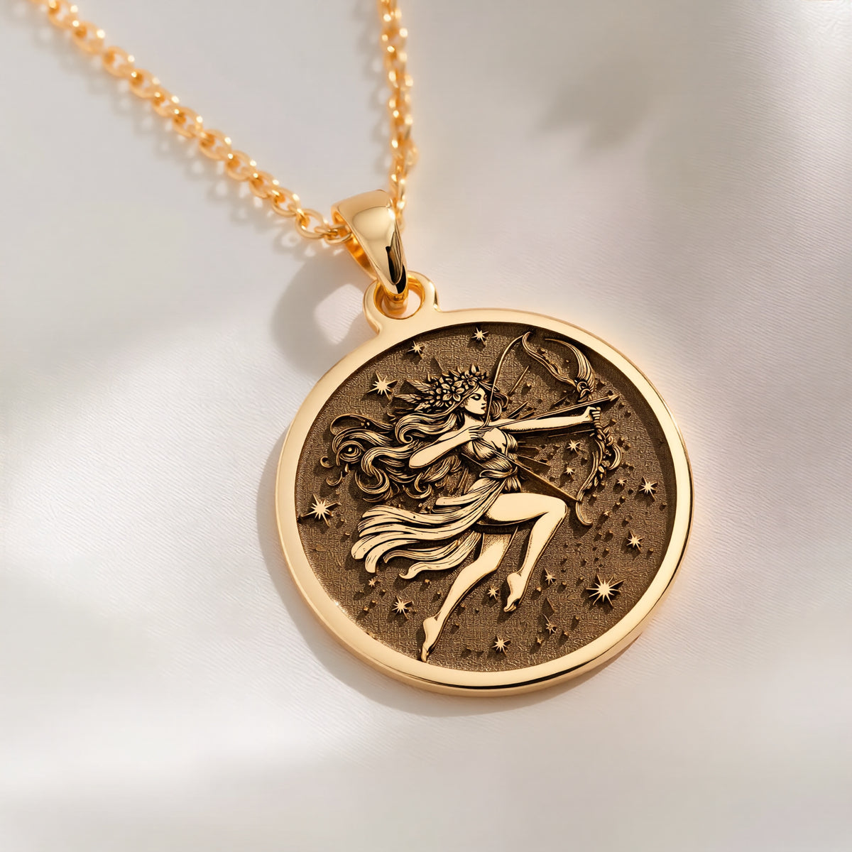 14K solid gold Sagittarius Constellation Necklace: round  Sagittarius archer zodiac sig...