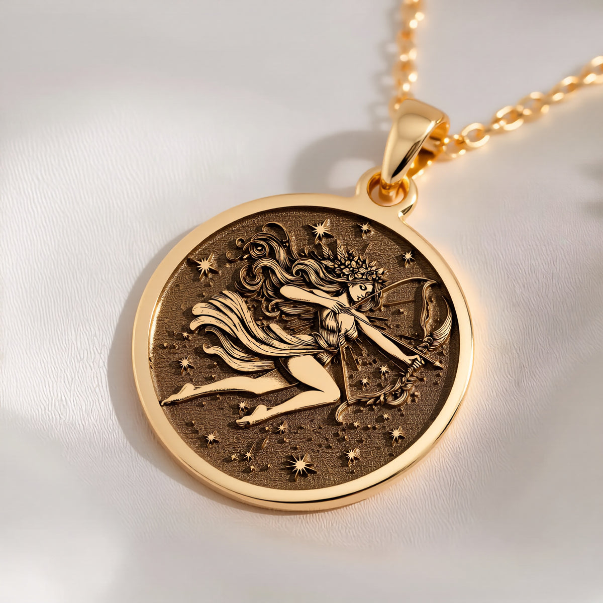 14K solid gold Sagittarius Constellation Necklace: round  Sagittarius archer woman with...