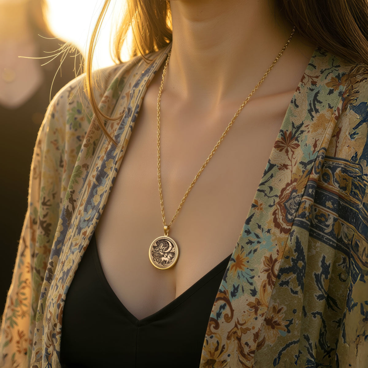 Selene Necklace crafted in 14K Gold featuring the Greek Moon Goddess medallion design. Perfect celestial jewelry gift for mythology lovers and astrology enthusiasts. Ideal for birthdays, anniversaries, or special occasions.