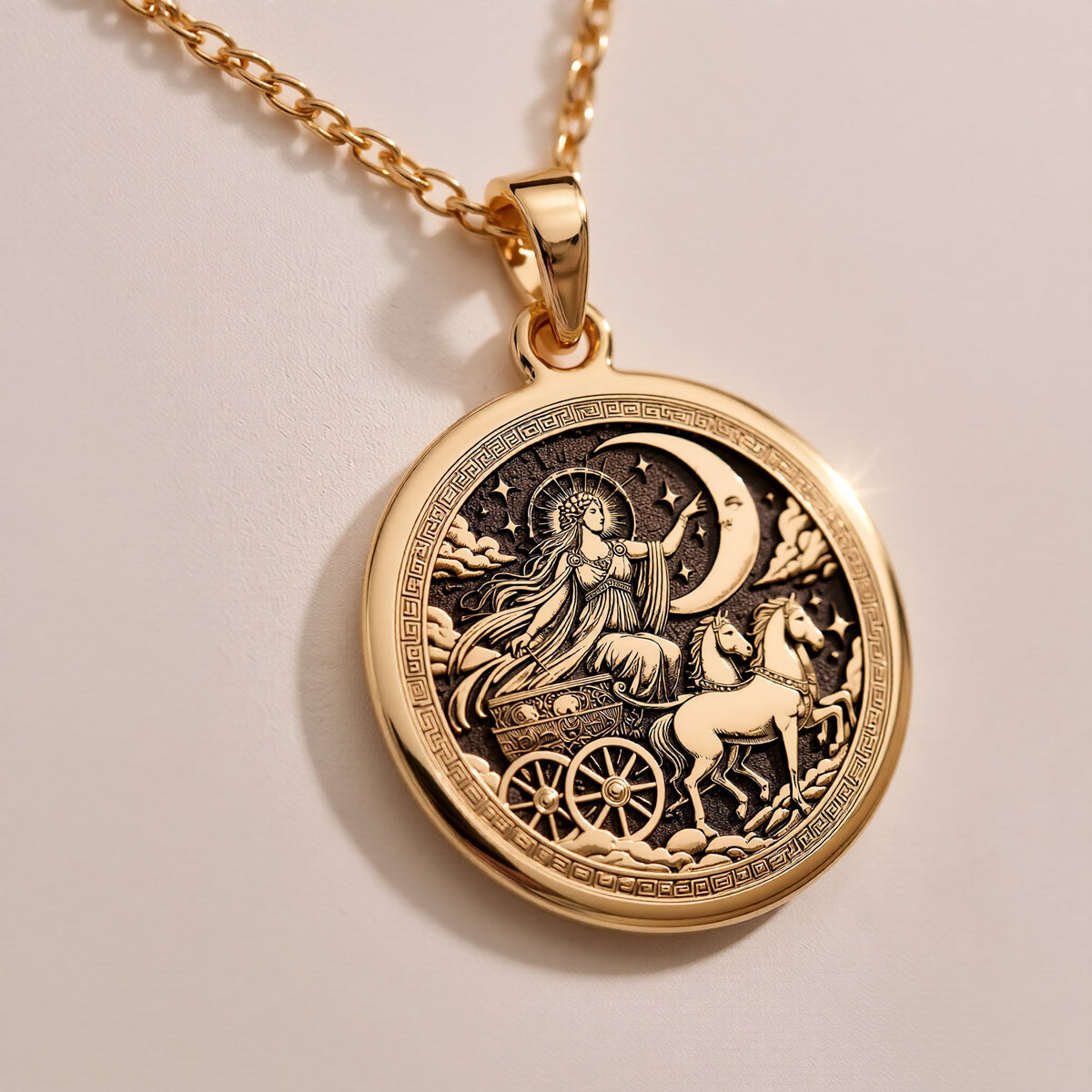 Selene Necklace in Rose Gold Plated finish with a beautifully designed Greek Moon Goddess medallion. A meaningful celestial jewelry piece for astrology lovers and a stunning gift for her on special occasions or holidays.