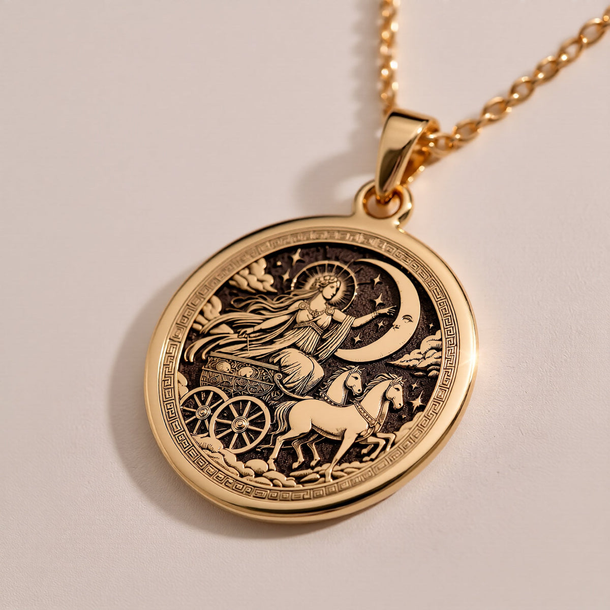 Selene Necklace in Rose Gold Plated finish with a beautifully designed Greek Moon Goddess medallion. A meaningful celestial jewelry piece for astrology lovers and a stunning gift for her on special occasions or holidays.