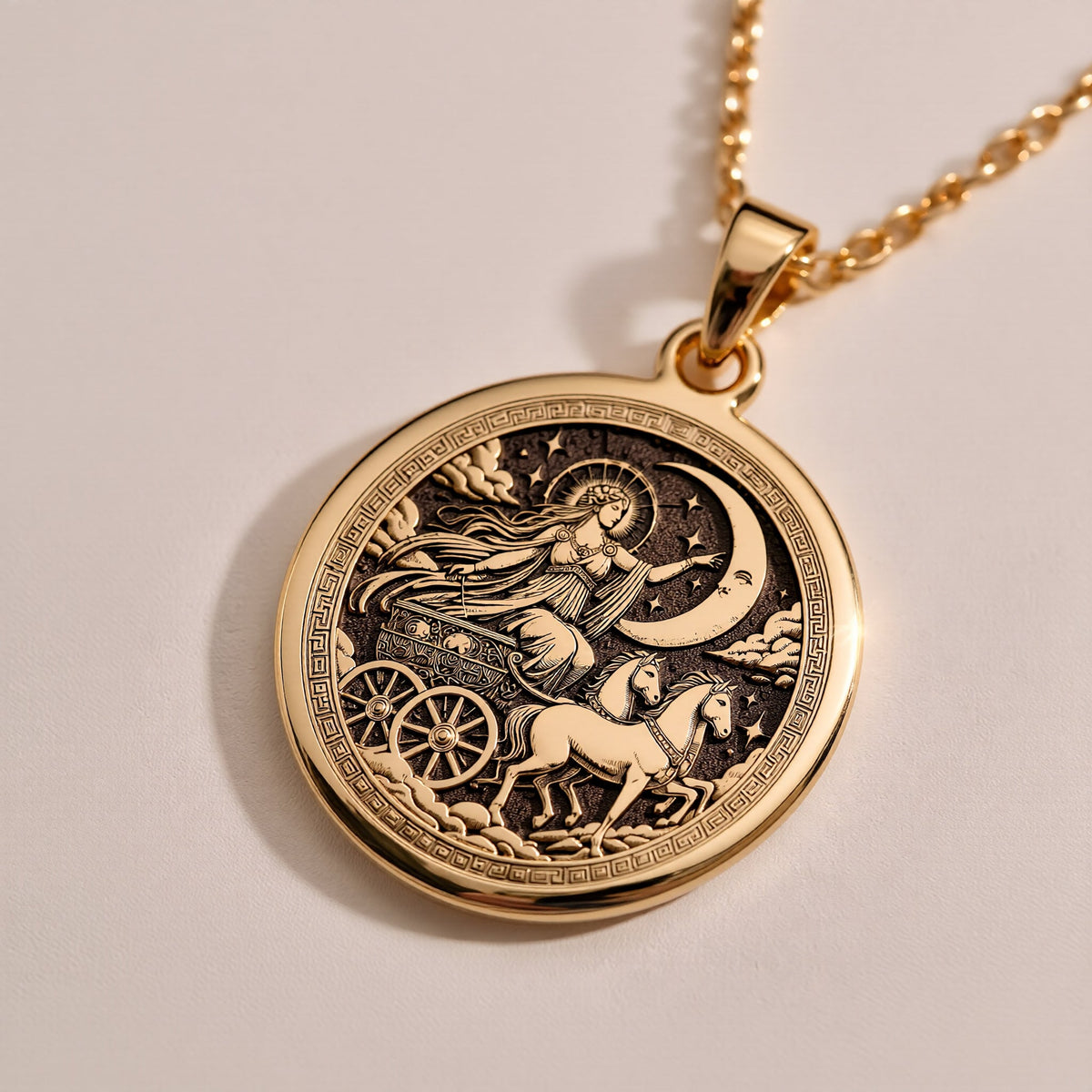 925 sterling silver Selene Moon Goddess Necklace: size chart 14mm to 35mm round gold me...