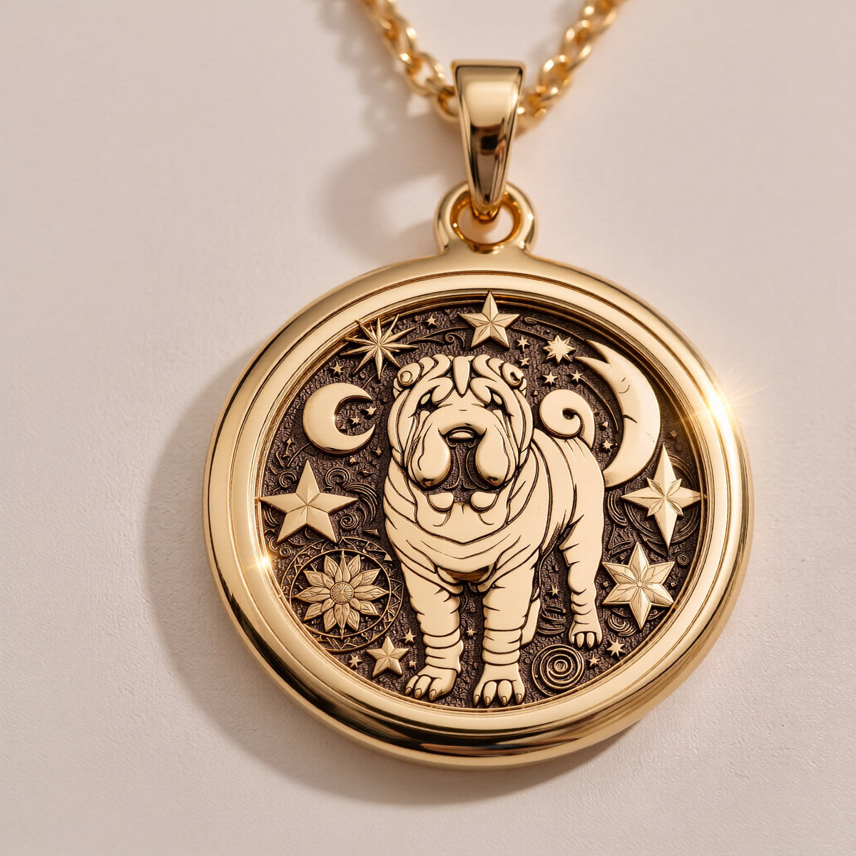 Celestial Moon & Star Shar Pei Medallion Pendants 925 925 Sterling Silver pendant necklace featuring a stylized lion design with stars on a round disc.