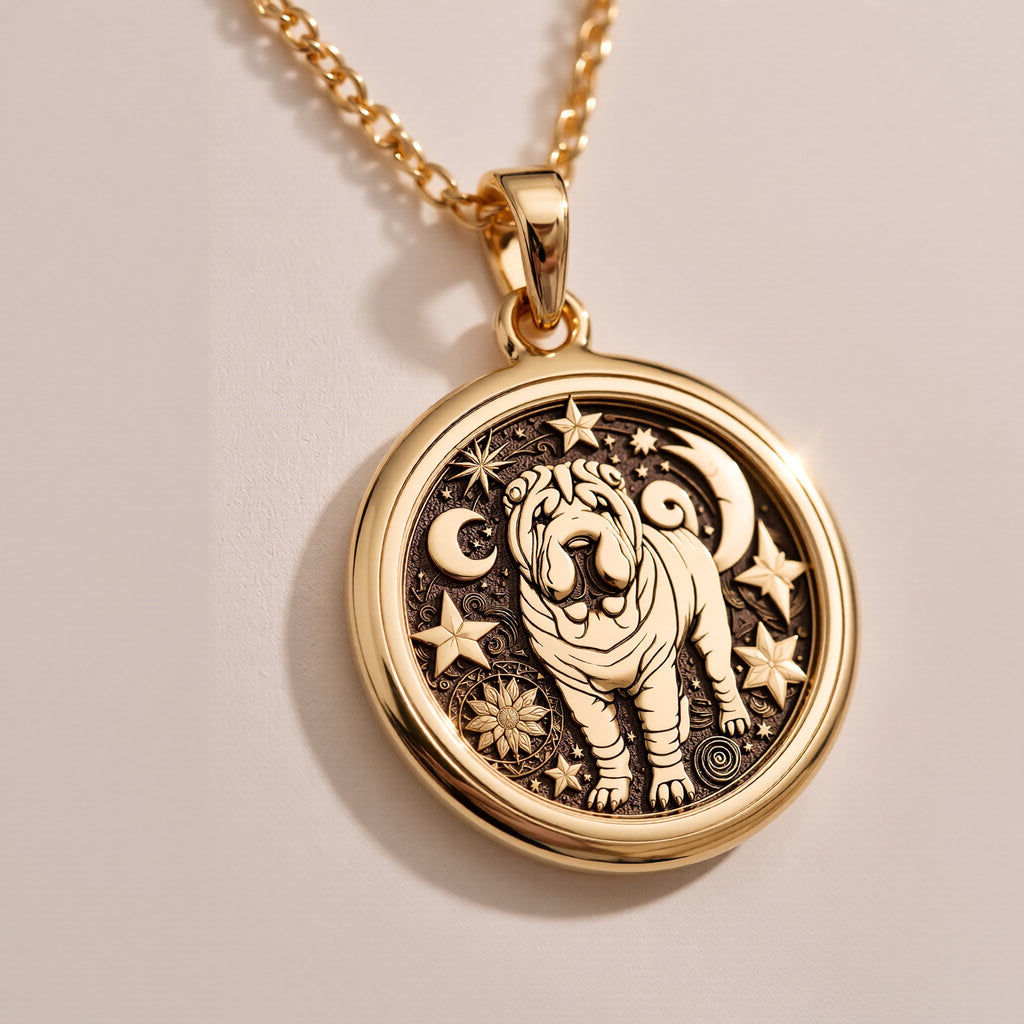 Celestial Moon & Star Shar Pei Medallion Pendants 14K 14K Gold Plated round pendant with stylized lion design on a chain necklace