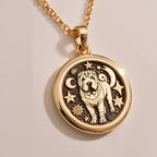 Celestial Moon & Star Shar Pei Medallion Pendants 14K 14K Gold Plated round pendant with stylized lion design on a chain necklace