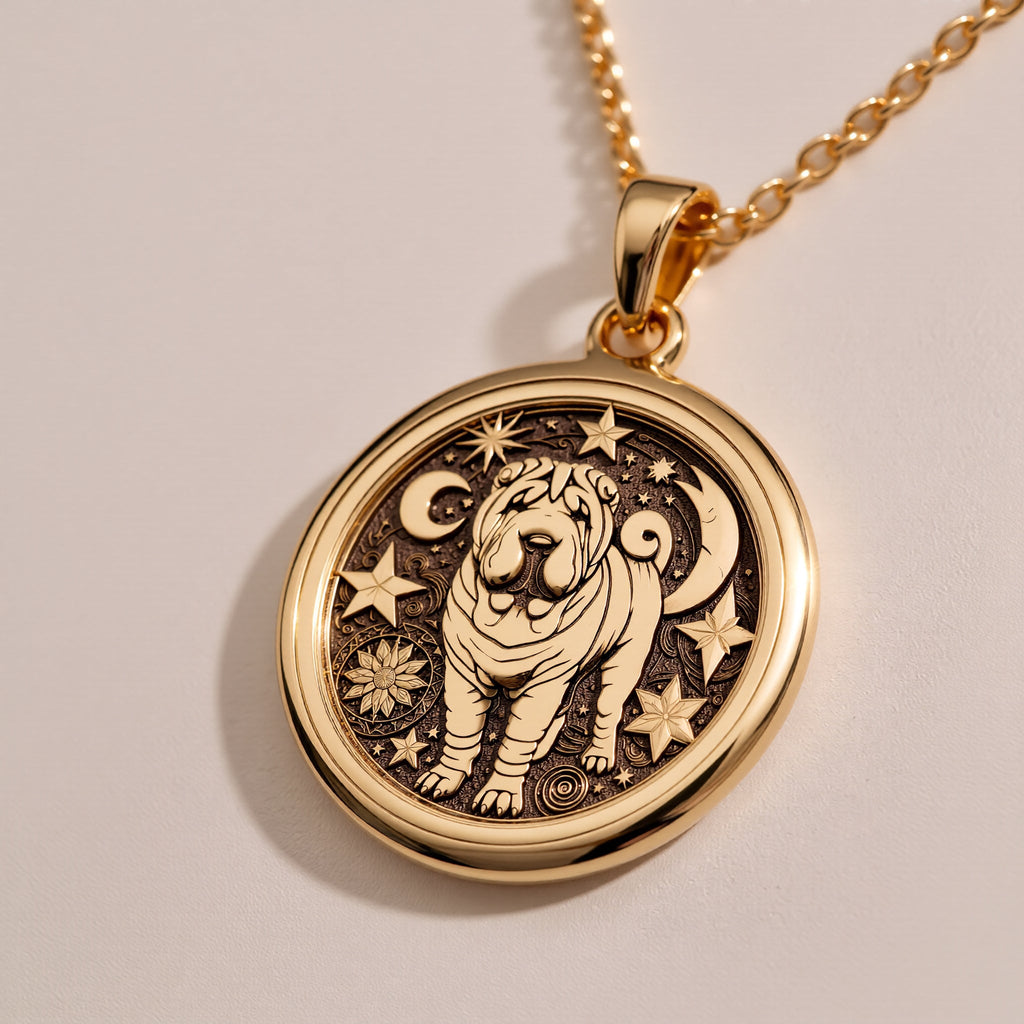 Celestial Moon & Star Shar Pei Medallion Pendants 14K Rose 14K 14K Rose Gold Plated pendant necklace featuring an embossed dog design with stars and crescent moon elements.