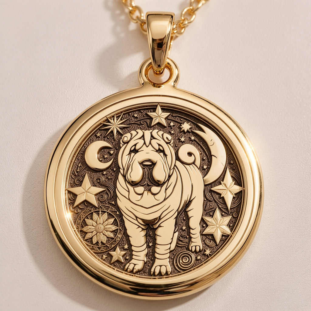 Celestial Moon & Star Shar Pei Medallion Pendants Gold-toned personalized pendant necklace options featuring various font styles and metal finishes.