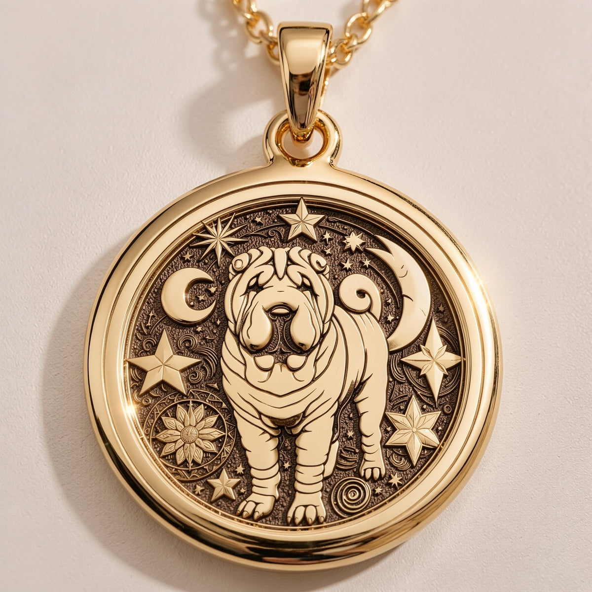 Celestial Moon & Star Shar Pei Medallion Pendants Gold-toned personalized pendant necklace options featuring various font styles and metal finishes.