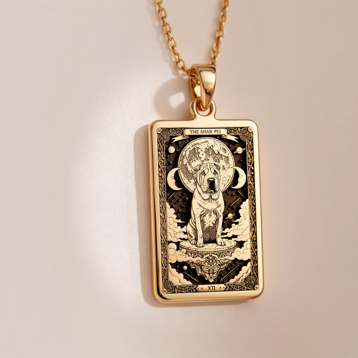 A polished 14K solid gold Shar-Pei medallion. This fine pet jewelry represents the breed's stoic nature, making it a perfect Shar-Pei lover gift.