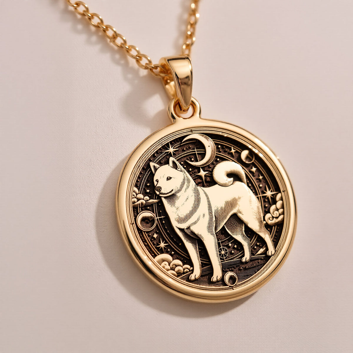 A striking 925 sterling silver Shiba Inu charm. The art shows the celestial dog, a meaningful piece of jewelry for a pet owner.