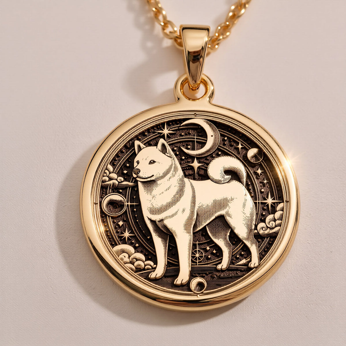 An elegant rose gold plated Shiba Inu pendant. The beautiful engraving makes this a dainty and modern piece of pet jewelry.