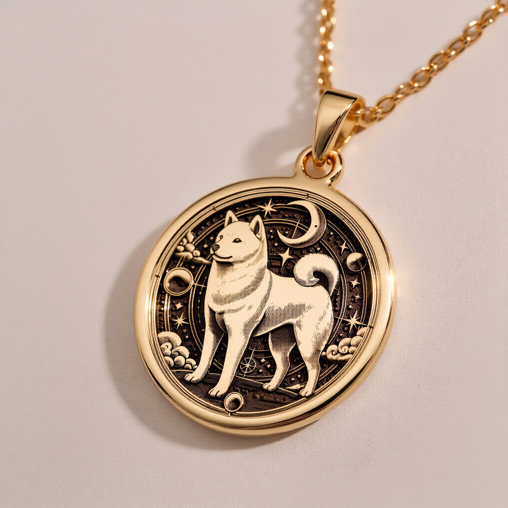 A custom rose gold plated Dog Lover tarot necklace. This piece is a perfect gift, honoring the unique and confident Shiba Inu.