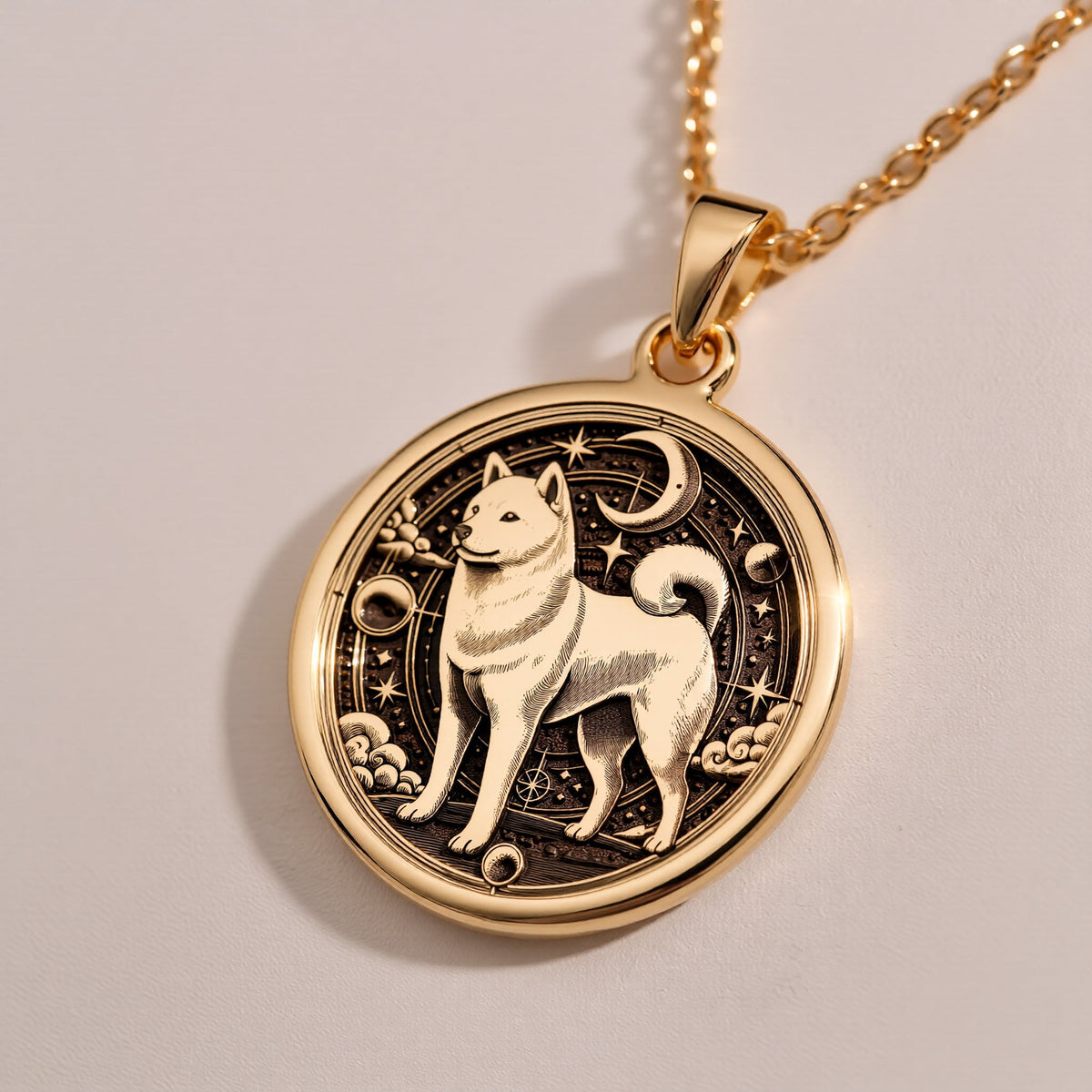 A custom rose gold plated Dog Lover tarot necklace. This piece is a perfect gift, honoring the unique and confident Shiba Inu.