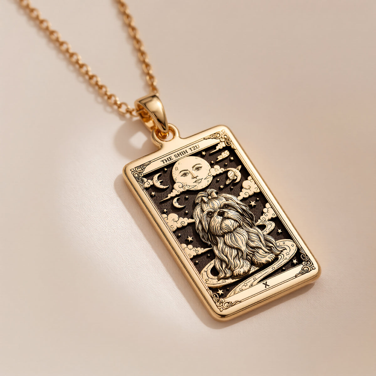 A polished 14K solid gold Shih-Tzu medallion. This fine pet jewelry represents the breed's "little lion" heart, making it a perfect Shih-Tzu lover gift.