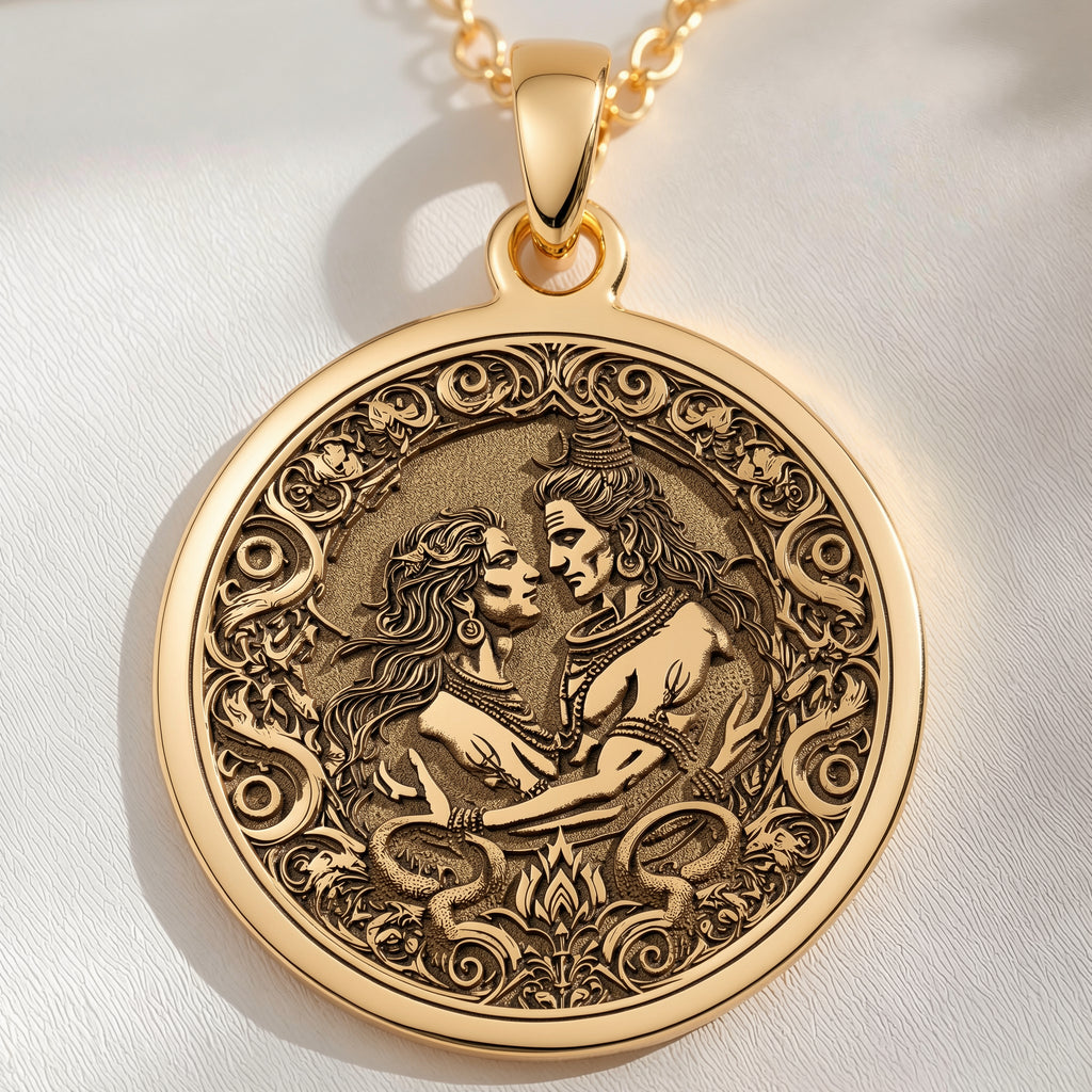 Shiva Vishnu Narayana Harihara Chakra Sacred Geometry Medallion Necklace — close-up engraving view