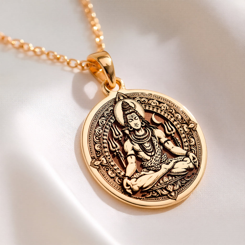 14K solid gold Nataraja Shiva Destroyer God Pendant: round  of Hindu deity Shiva with e...