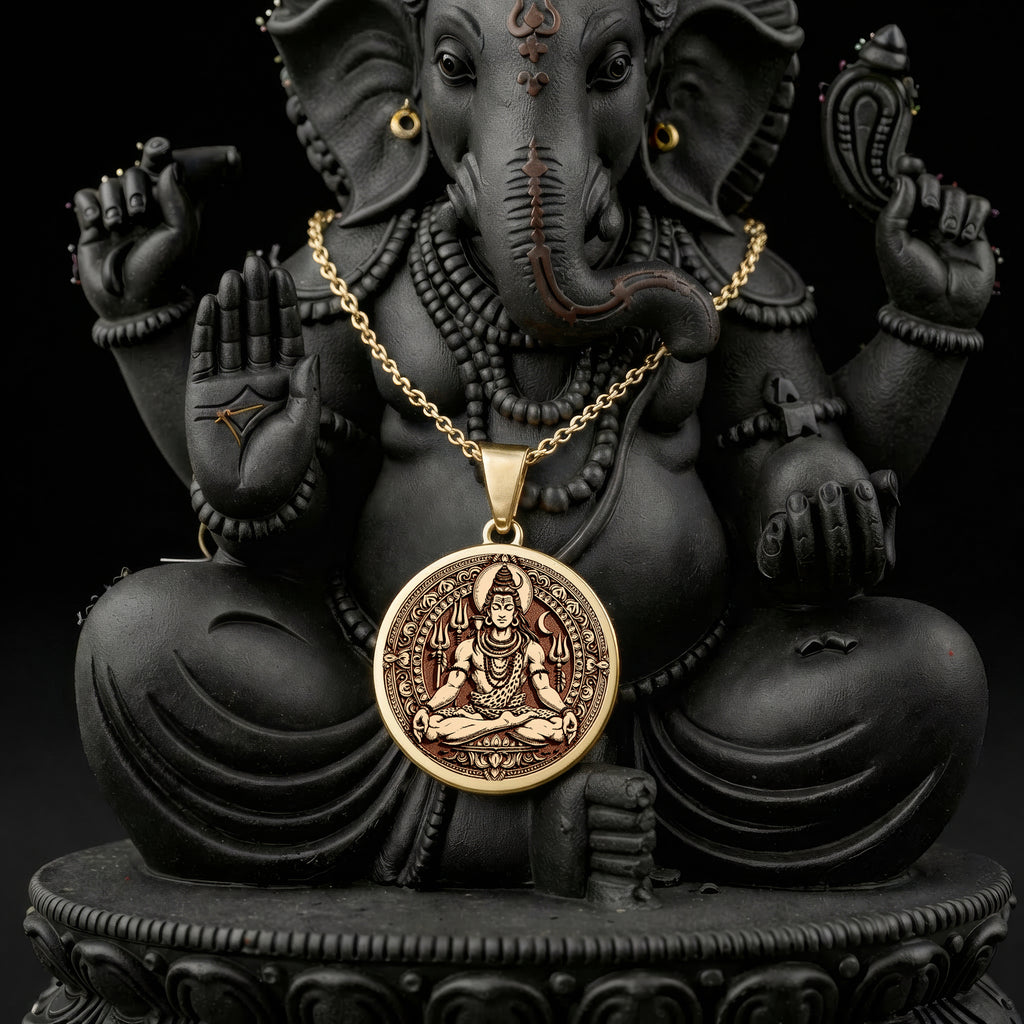 14K solid gold Nataraja Shiva Destroyer God Pendant: round  of Hindu deity Shiva with e...