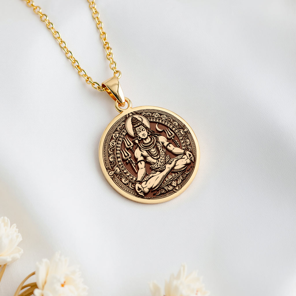 14K solid gold Nataraja Shiva Destroyer God Pendant: round  of Hindu deity Shiva with e...