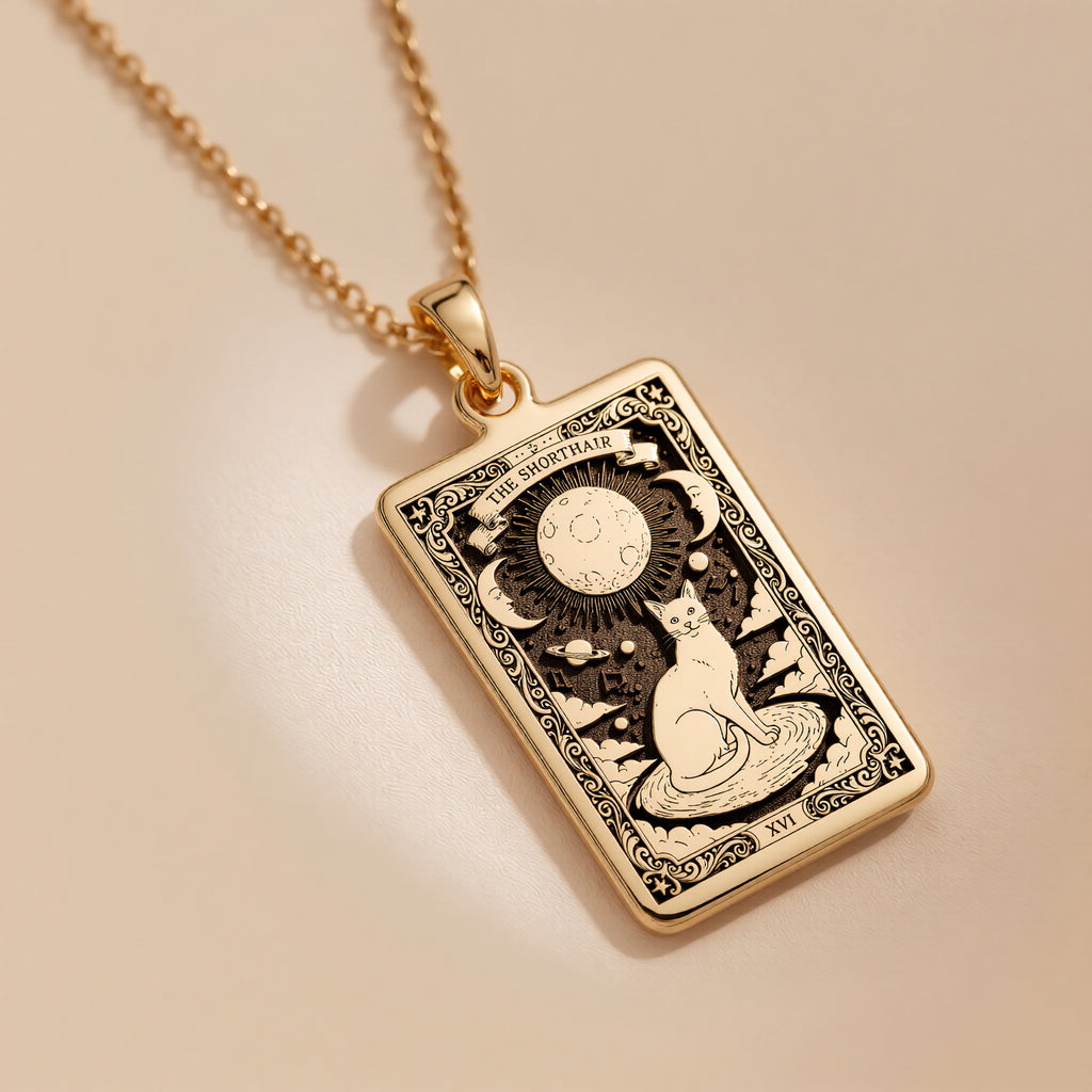 Cat Paw Print Pendant Necklace - Silver Tarot Card Charm - 14K Gold Plated
