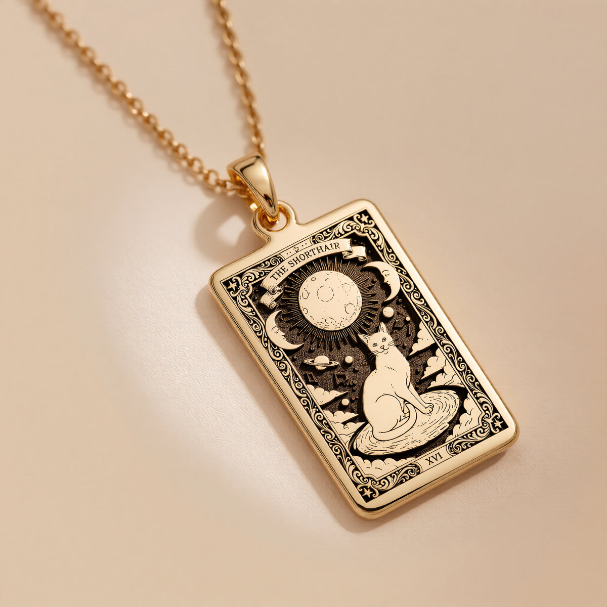 Cat Paw Print Pendant Necklace - Silver Tarot Card Charm - 14K Gold Plated