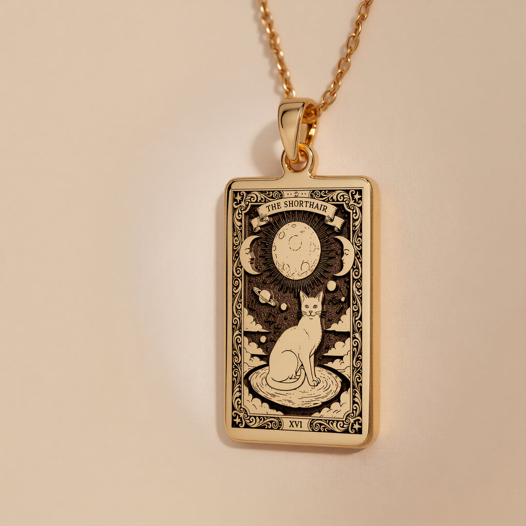 Cat Paw Print Pendant Necklace - Silver Tarot Card Charm - 14K Gold Plated