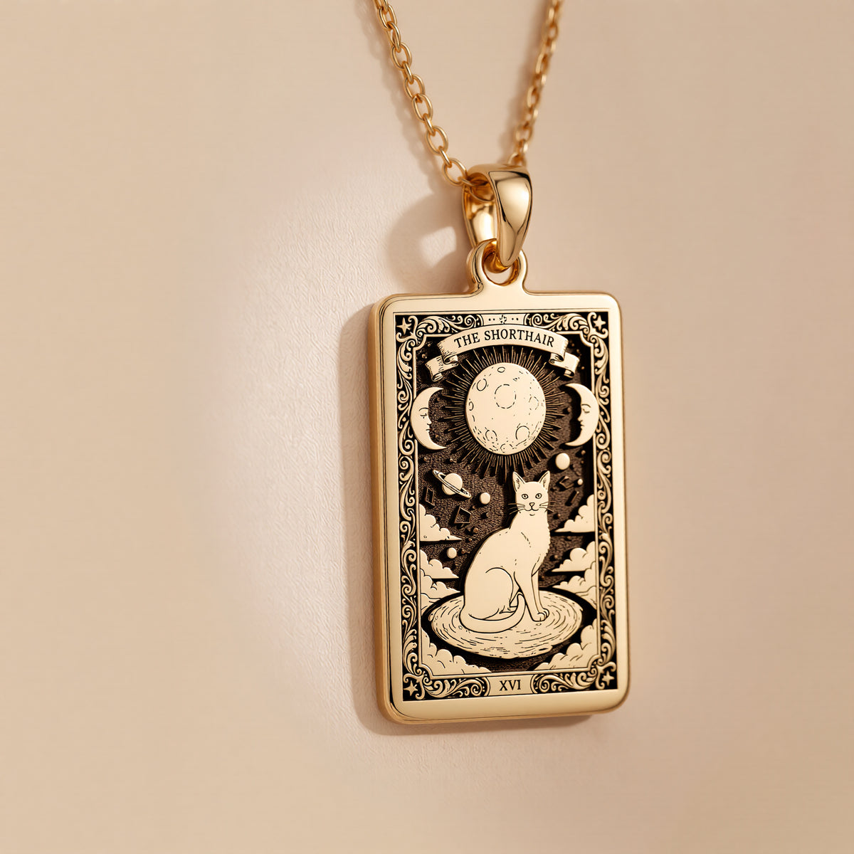 Cat Paw Print Pendant Necklace - Silver Tarot Card Charm - 14K Gold Plated