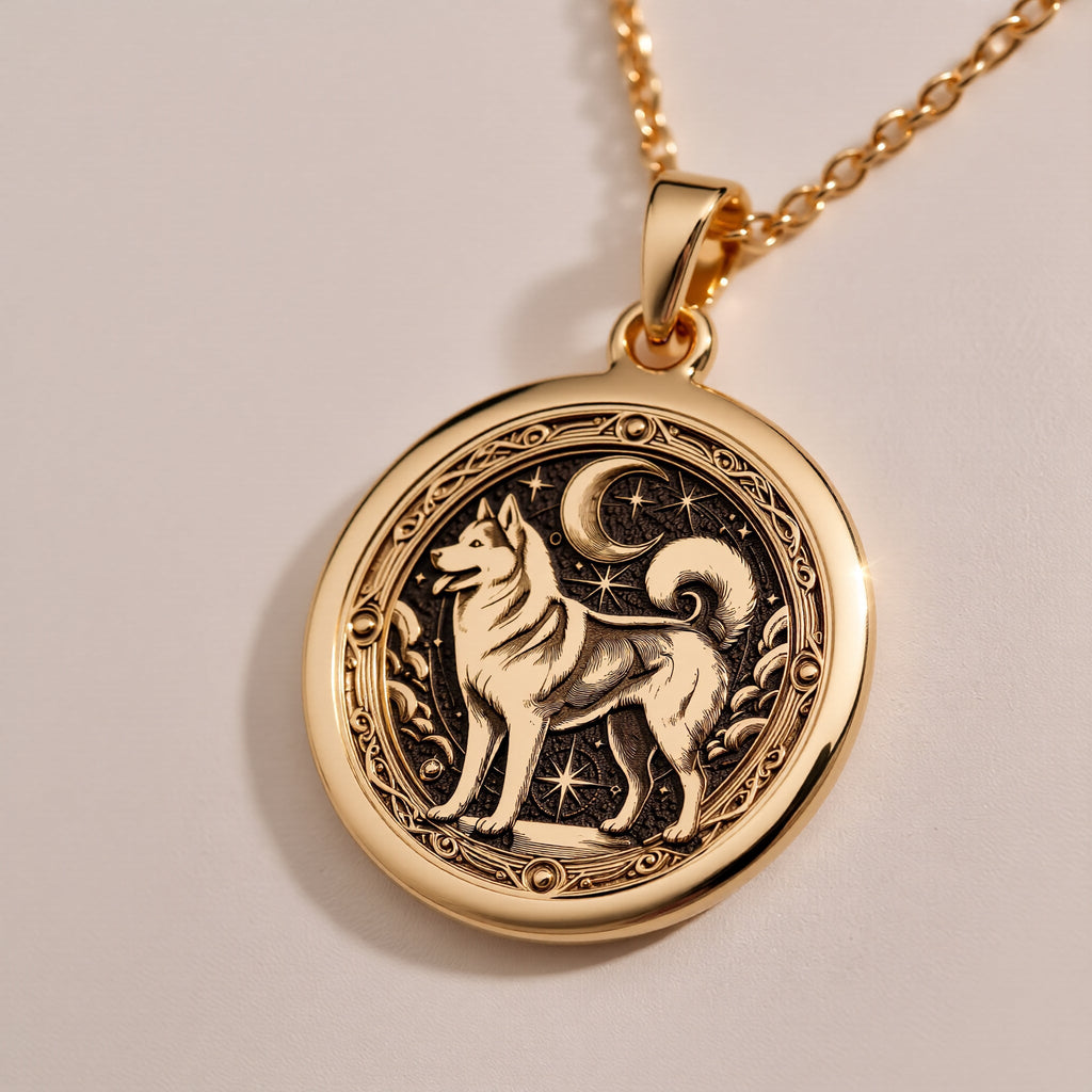 An elegant rose gold plated Siberian Husky pendant. The beautiful engraving makes this a dainty and modern piece of pet jewelry.