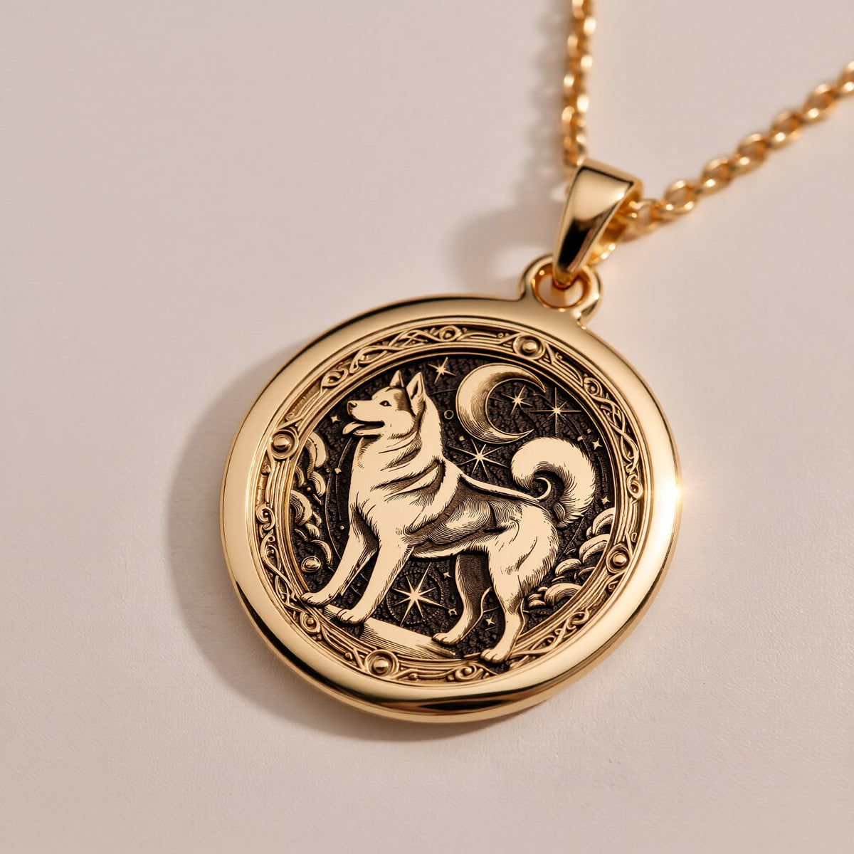 A custom rose gold plated Dog Lover tarot necklace. This piece is a perfect gift, honoring the wild and vocal spirit of the Husky.