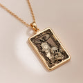 14K solid gold Skull Tarot Pendant necklace in gothic Memento Mori style with winged skull design.
