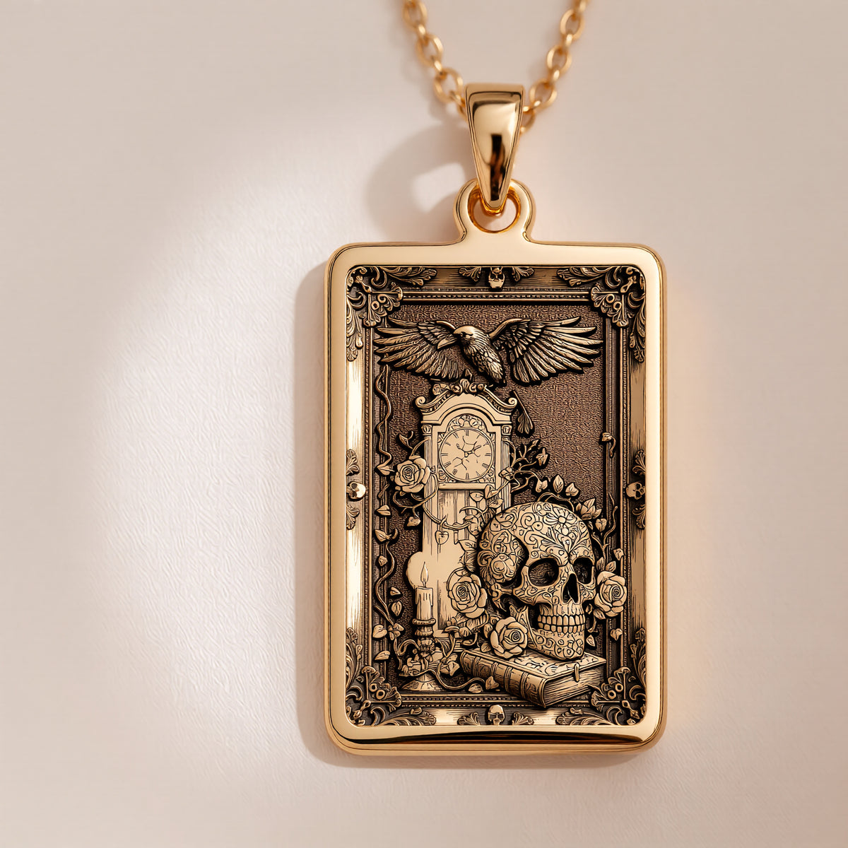 14K solid gold Skull Tarot Pendant necklace. Gothic Memento Mori skull and wings jewelry, dark aesthetic.