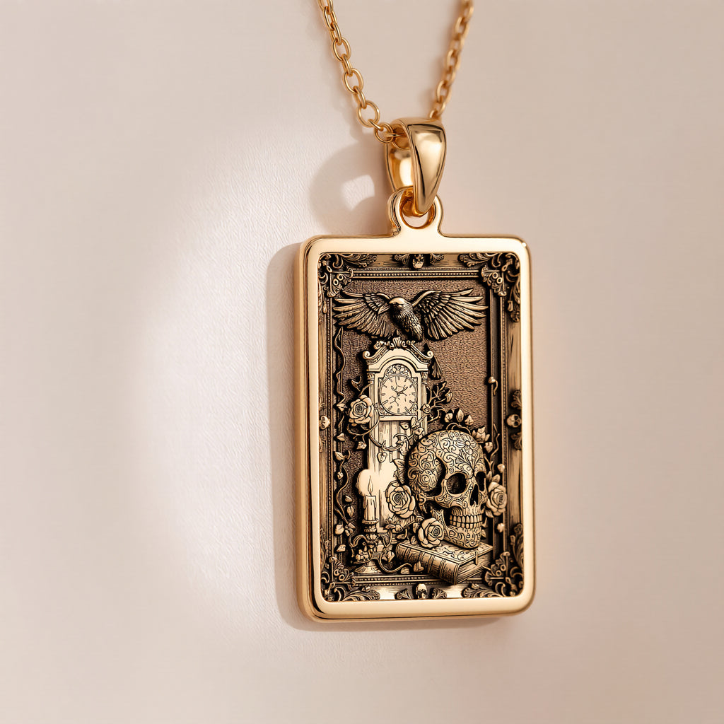 Skull Tarot Pendant | 14K Solid Gold - Memento Mori Gothic Style